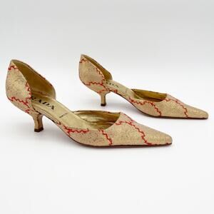 Prada Vintage Gold Brocade Red Woven D’Orsay Pointed Toe Kitten Heels IT 36